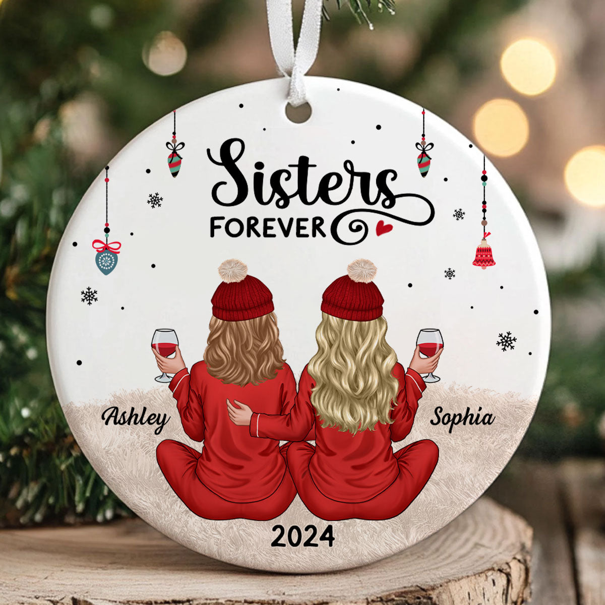 Back View Pajamas Sisters Forever Personalized Ceramic Ornament, Christmas Gift For Sisters