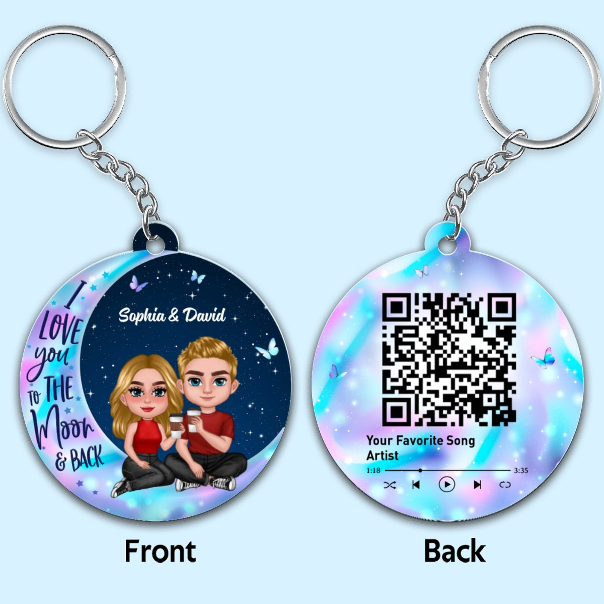 Doll Sitting Together On Galaxy Moon Favorite Song Scannable QR Code Personalized Acrylic Keychain