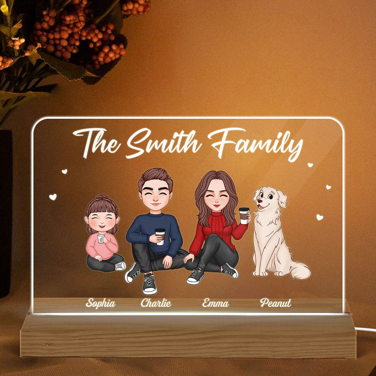 Whole Cute Family Couple Dad Mom Kids Dogs Cats Sitting Personalized Custom Shape Horizontal Rectangle Acrylic Plaque LED Night Light