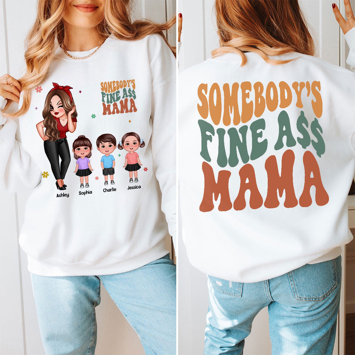 Somebody‘s Fine Grandma Mom Auntie Pretty Woman With Grandkids Personalized Double Sided Sweatshirt