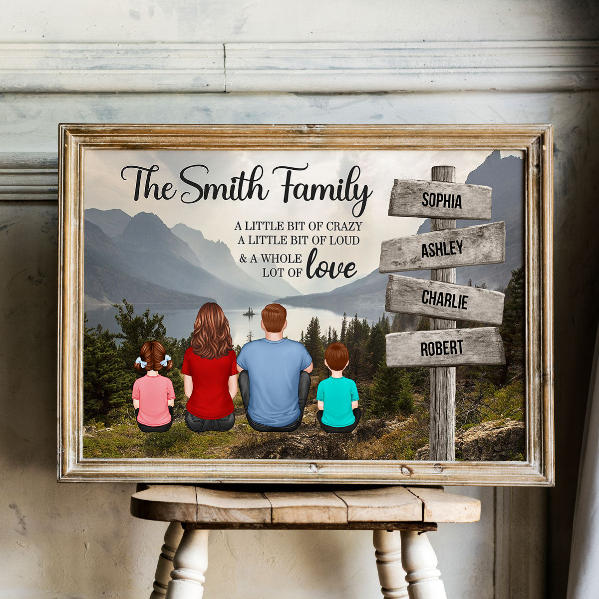 Mountain Range Landscape Family Sitting Back View Personalized Poster