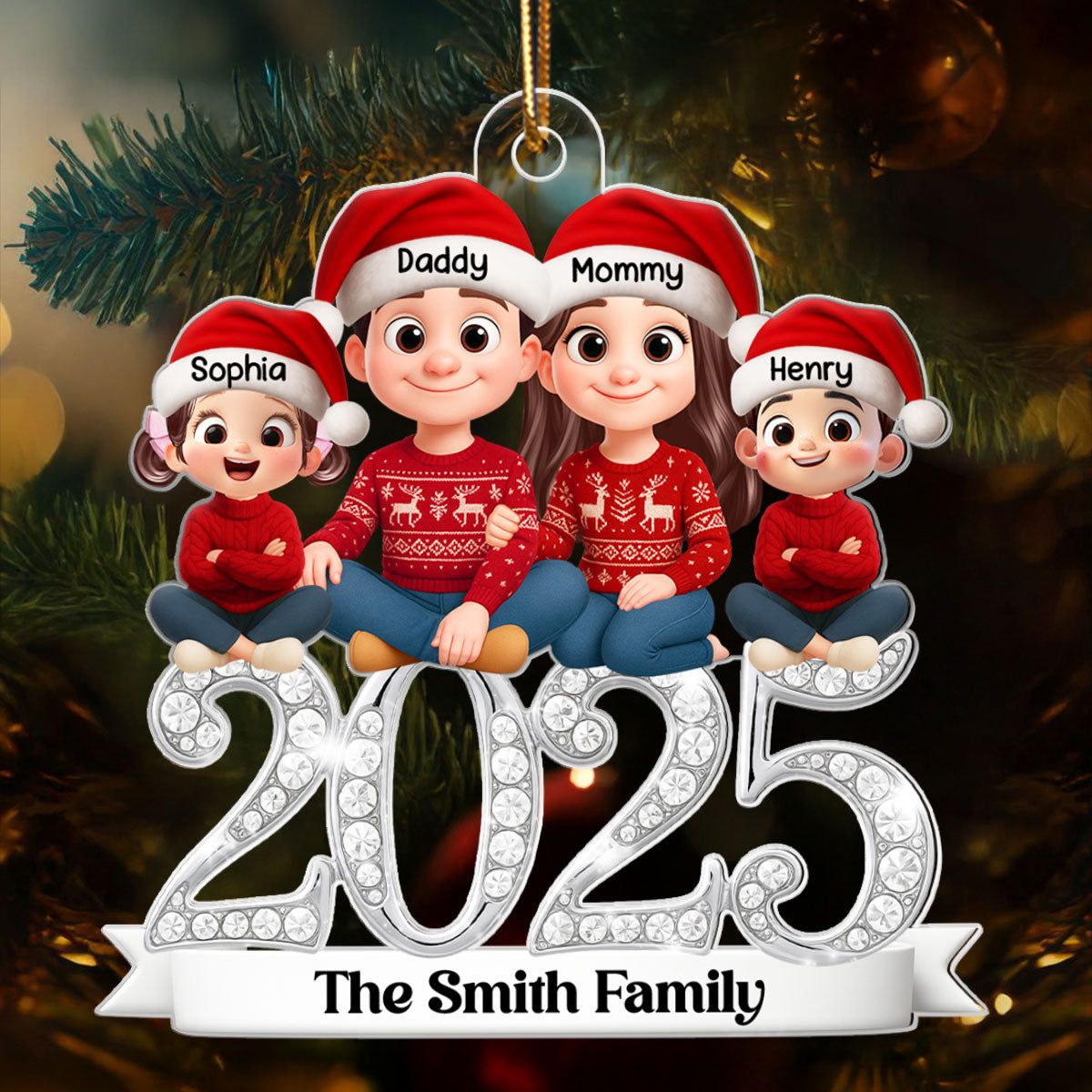 3D Shining Effect 2025 Family Sitting - Personalized Acrylic Ornament - Christmas Gift for Family
