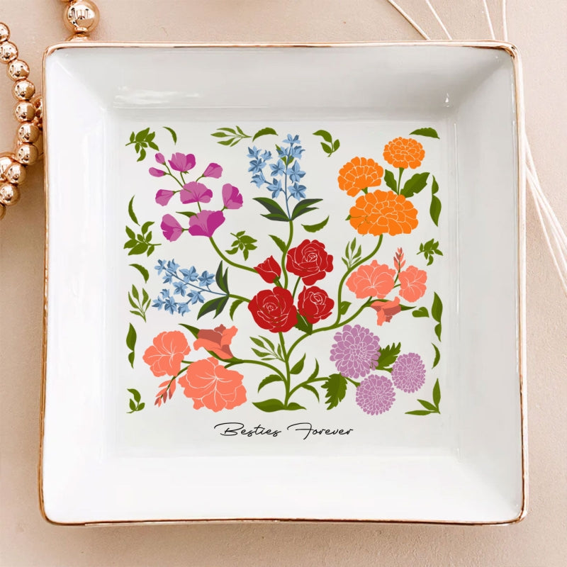Custom Sisters Besties Birth Flower Bouquet Artwork Minimalist Personalized Jewelry Dish