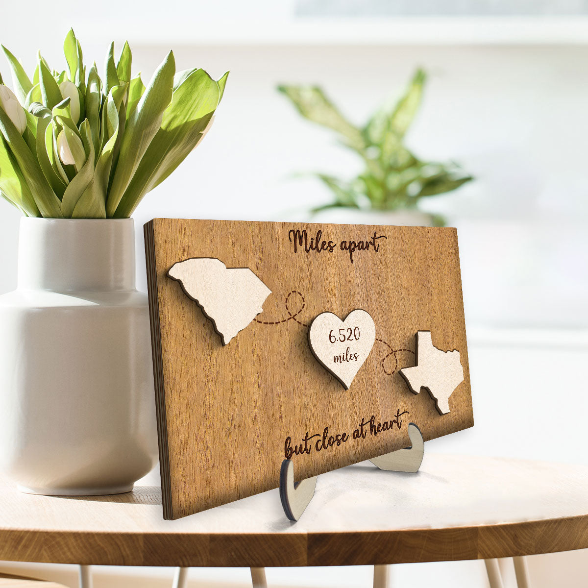 Miles Apart But Close At Heart, Long Distance Family Friends Siblings Sisters Besties Personalized 2-Layer Wooden Plaque, Togetherness Gift