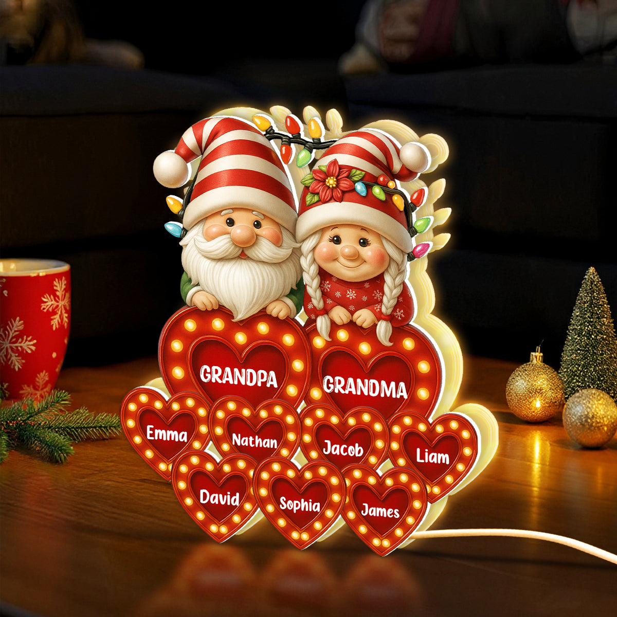 Holiday Gnomes Grandparents Grandkids Names Personalized Light Box, Christmas Decor for Grandma, Grandpa