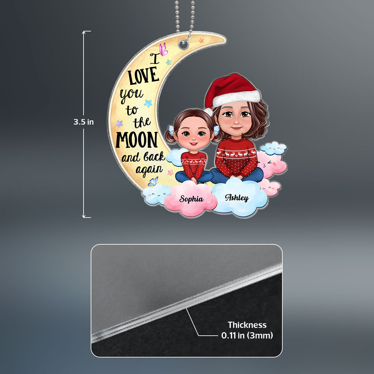 Grandma Mom Loves Kids To The Moon And Back Blue Pink Clouds Personalized Acrylic Ornament