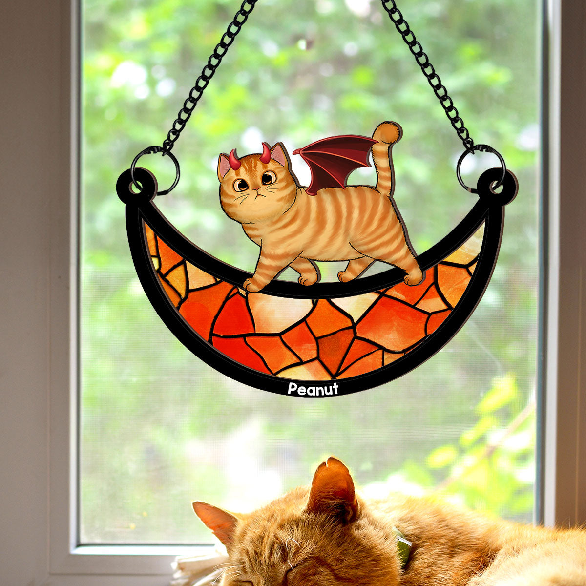 Halloween Cat Walking On Moon Personalized Suncatcher, Halloween Decoration