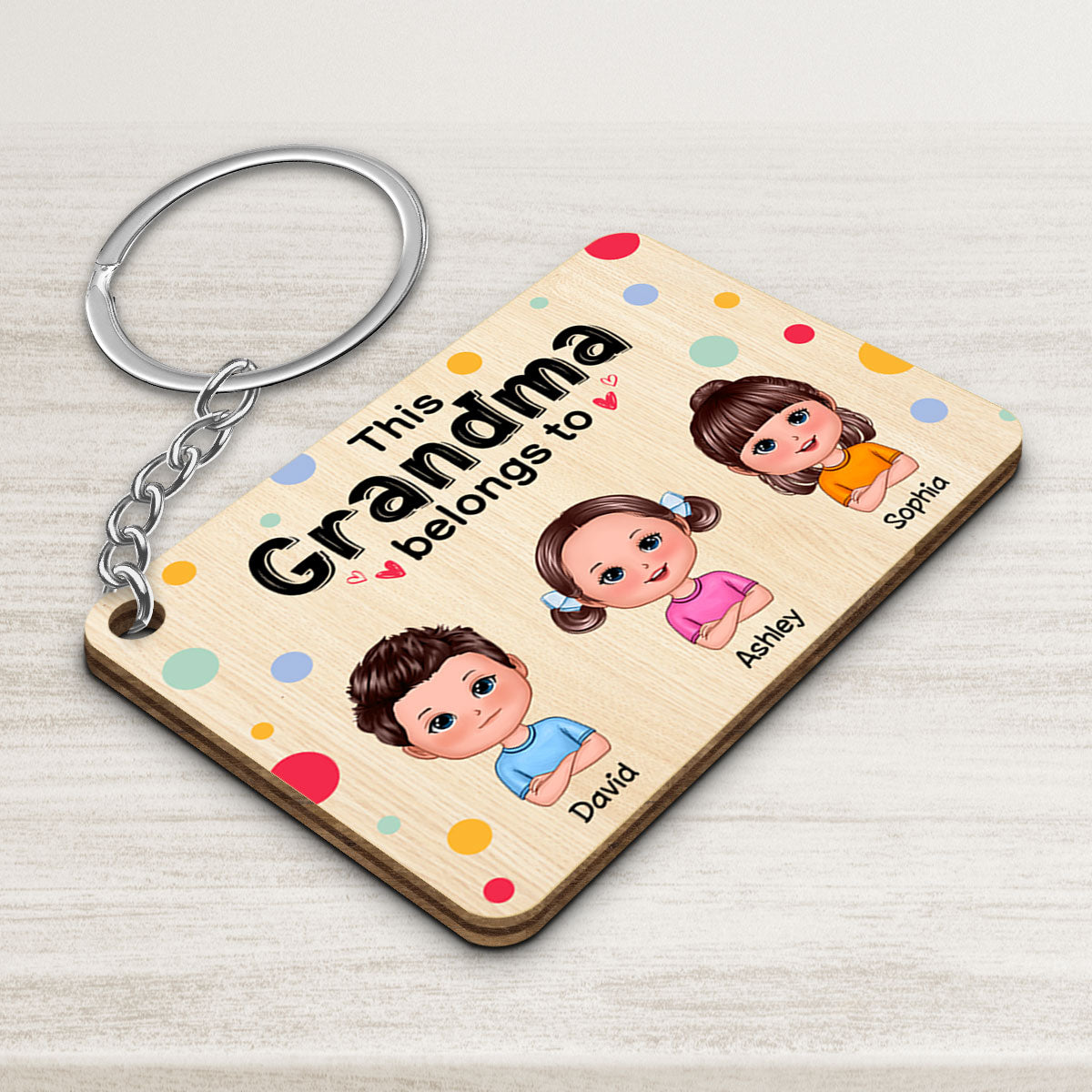 This Grandma Mom Belongs To Cute Doll Kids Colorful Dot Personalized Wooden Keychain