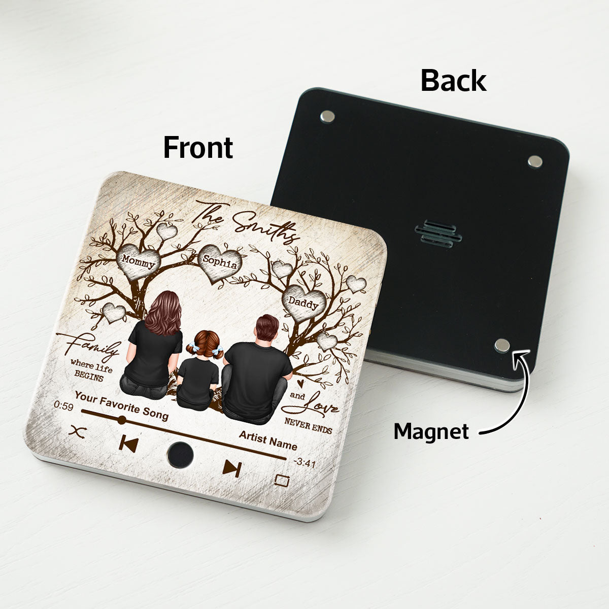 Family Heart Tree Sitting Personalized Music Fridge Magnet, Home Decoration, Anniversary Gift For Family, Gift For Husband, Wife