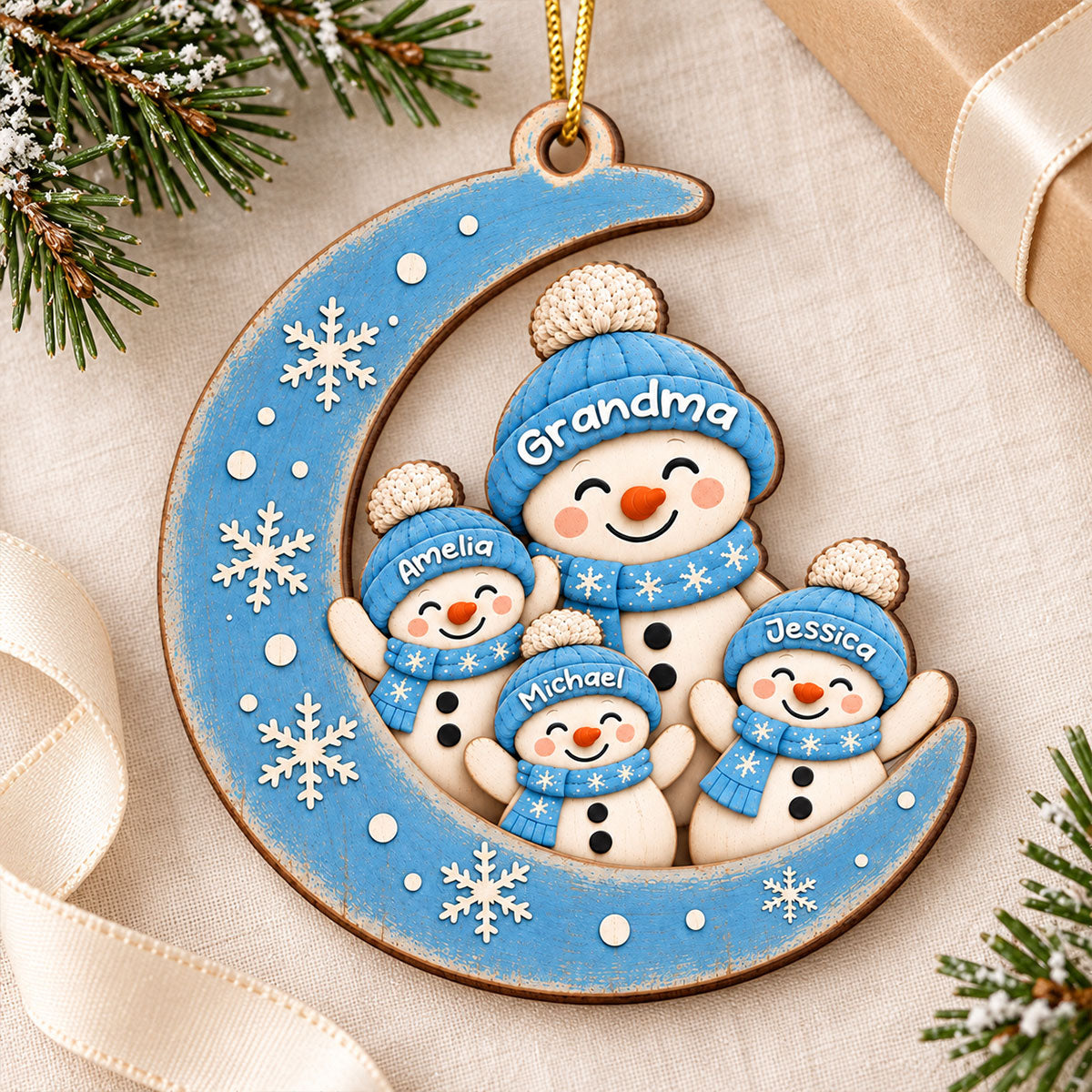 Blue Winter Grandma Grandkids Snowman On Moon - Personalized Wooden Ornament - Christmas Gift for Grandma