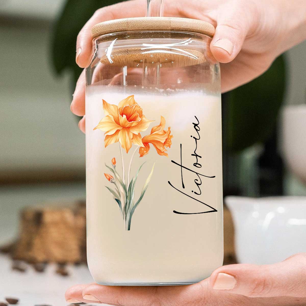 Birth Flower With Name Birthday Gift for Best Friend Birthday Gift For Mom Grandma Daughter Granddaughter Pampering Gift Personalized Clear Glass Can
