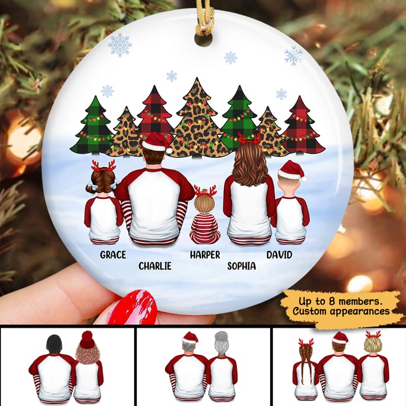 Family Sitting Patterned Christmas Tree Personalized Circle Ornament