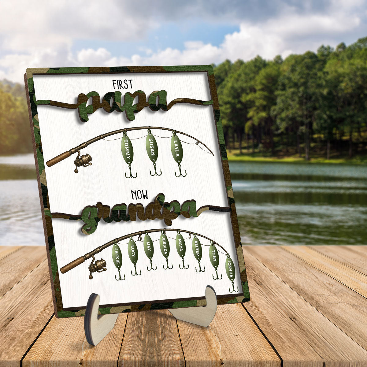 First Dad Now Grandpa Fishing Lures With Kids' Names Personalized 2-Layered Wooden Plaque, Father's Day Gift For Husband, For Dad, For Grandpa
