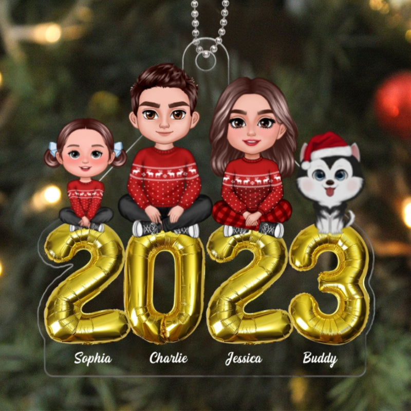 Family Sitting Crossed Balloon 2023 Christmas Gift Personalized Acrylic Ornament