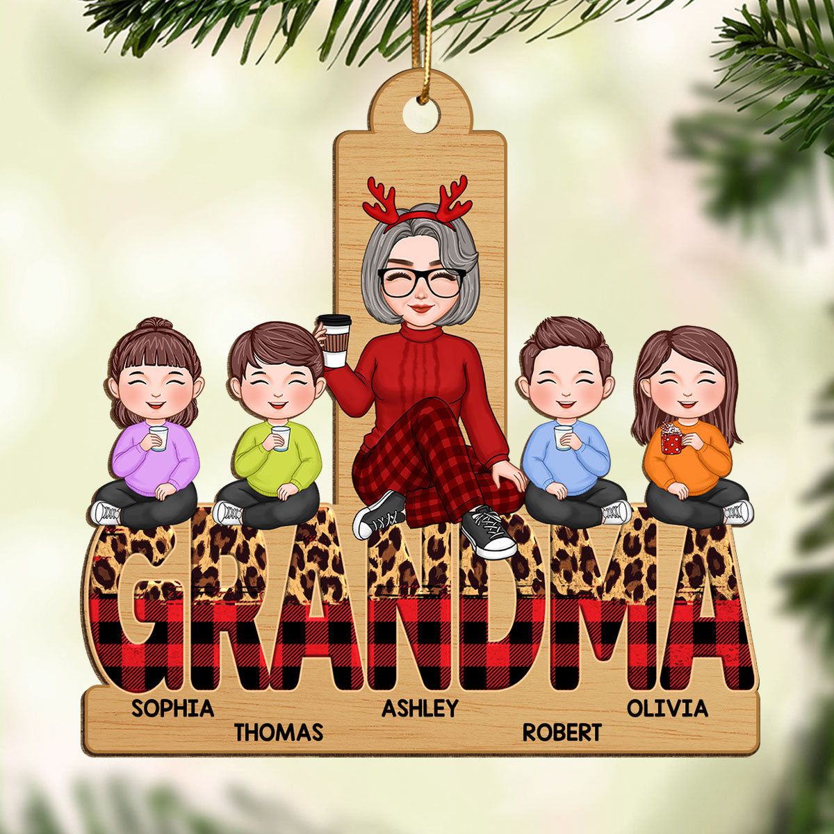 Checkered And Leopard Grandma Grandkids Sitting Personalized Wooden Ornament