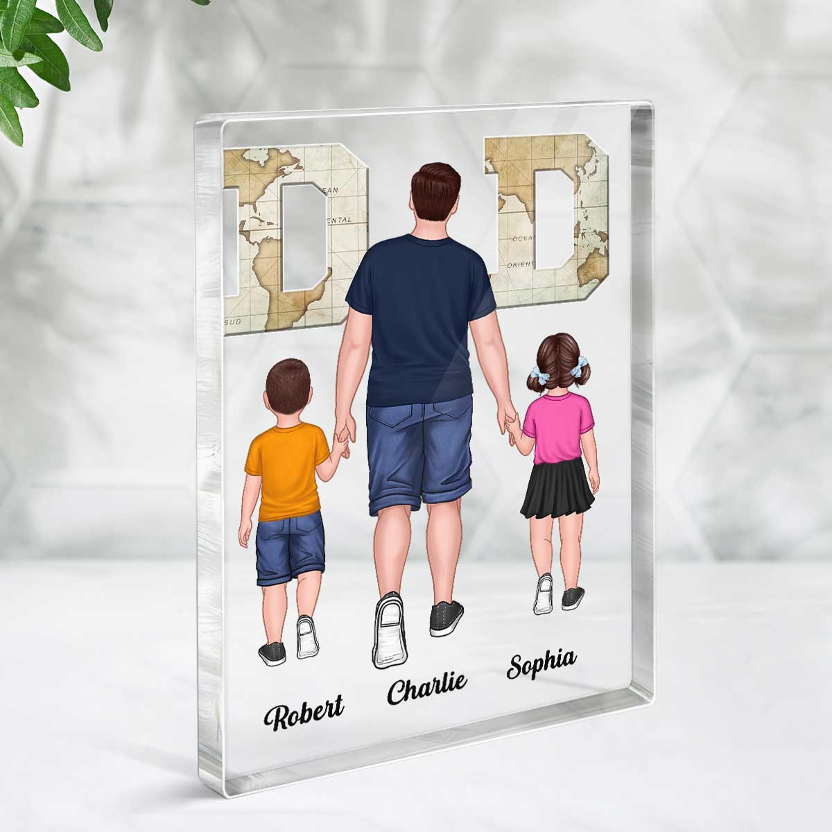 Walking Dad And Kids World Map Text Personalized Acrylic Block Plaque