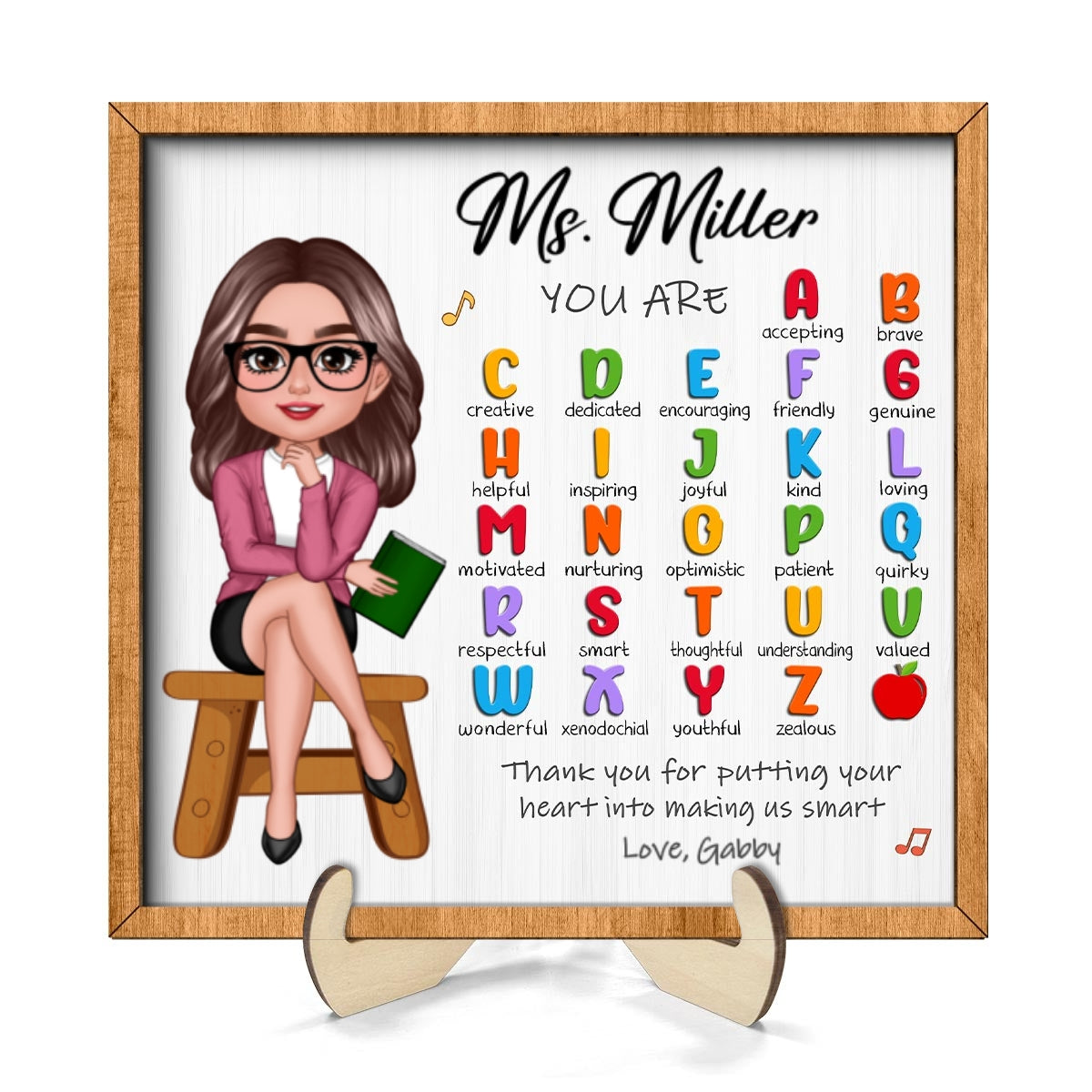 Teacher Appreciation Gift Thank You Alphabet Characteristics Teacher Sitting Personalized 2-Layer Wooden Plaque