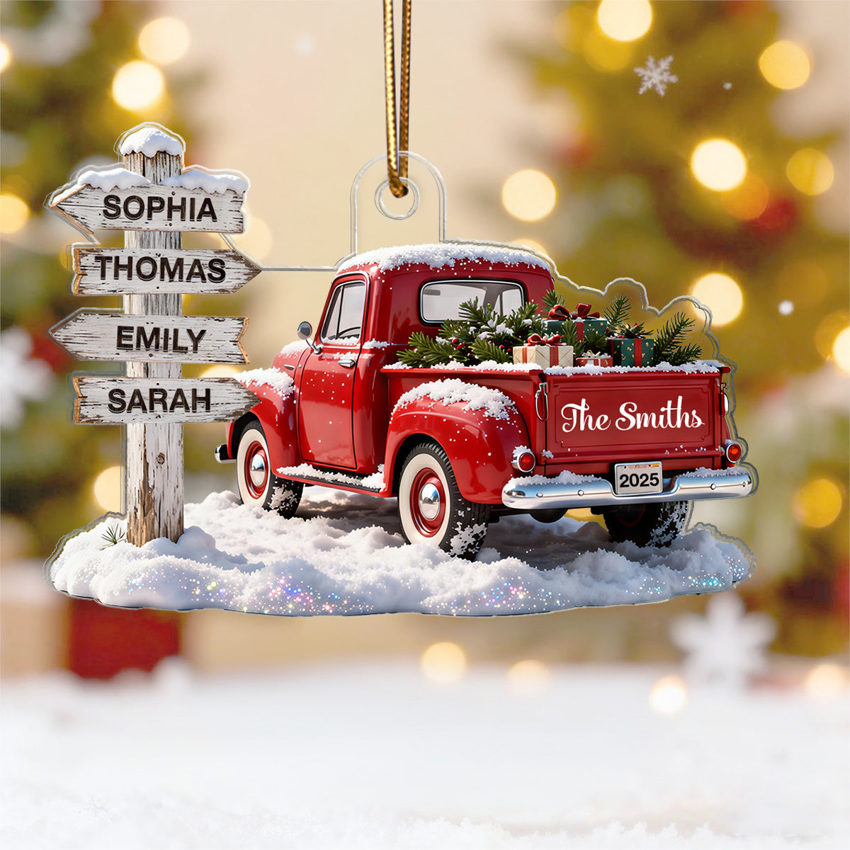 3D Effect Nostalgia Christmas Truck Family Sign Posts Custom Names - Personalized Acrylic Ornament - Gift For Family, Farmhouse Decor