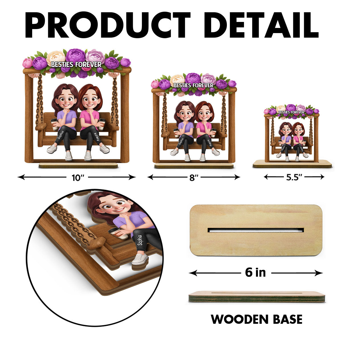Pretty Besties Sisters On Swing Flowers 3D Effect Personalized Standing Wooden Plaque