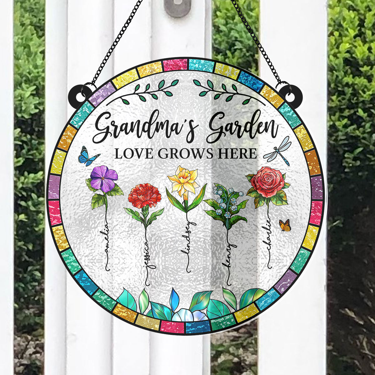 Grandma‘s Garden Love Grows Here Beautiful Birth Month Flowers Personalized Acrylic Suncatcher