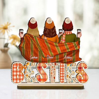 Cozy Besties Sisters In Blanket Sitting On Text Personalized Standing Wooden Plaque, Fall Season Decor