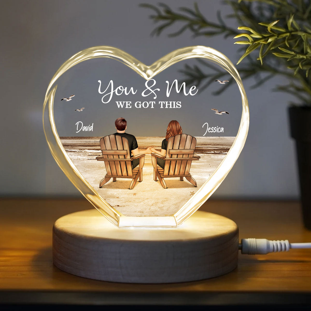 Couple Sitting At Beach Personalized Premium Crystal Heart LED, A Timeless Treasure Full of Emotion