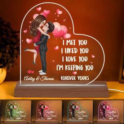 Doll Couple Hugging Kissing Together Since Personalized Heart Shaped Acrylic Plaque With LED Night Light - Anniversary Gift For Couple - Gift For Him, Gift For Her