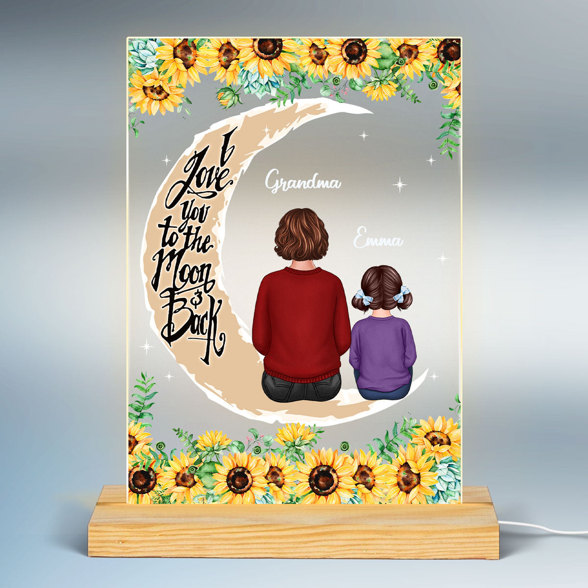 Sunflower Grandma Grandkids On Moon Personalized Rectangle Acrylic Plaque LED Lamp Night Light