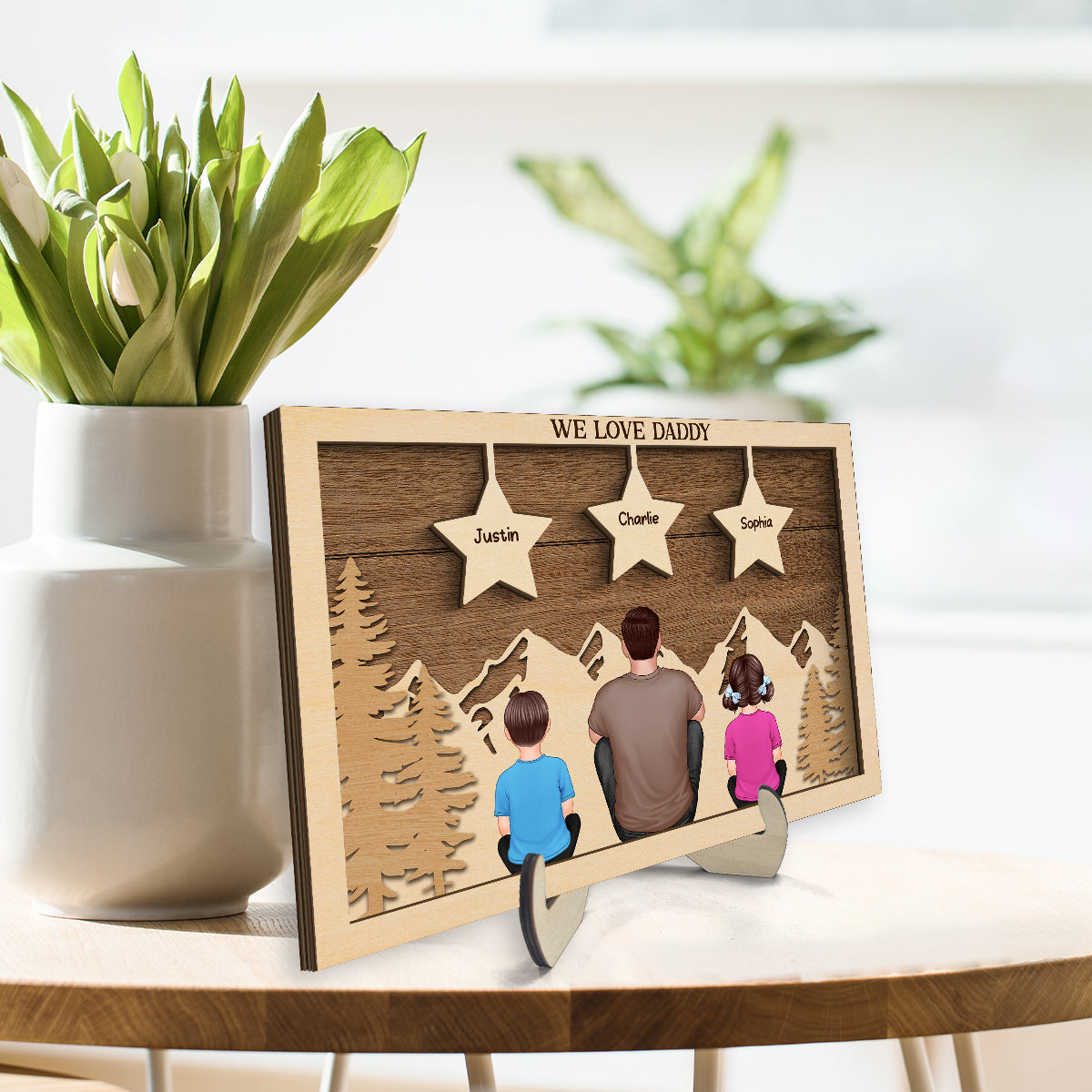 Dad Man Kids Dogs Cats Sitting Back View Forest Stars Personalized 2-Layer Wooden Plaque