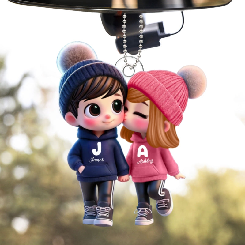 3D Effect Cute Cartoon Couple Walking - Personalized Acrylic Car Hanger - Unique Valentine's Day Gift For Him, Gift For Her