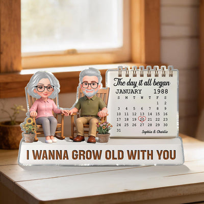 Old Couple Sitting On Rocking Chair Anniversary Date Calendar 2D Flat - Personalized Acrylic Block Plaque