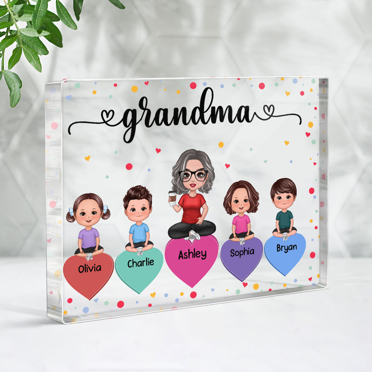 Doll Grandma Grandkids Sitting On Hearts Personalized Rectangle Acrylic Block Plaque