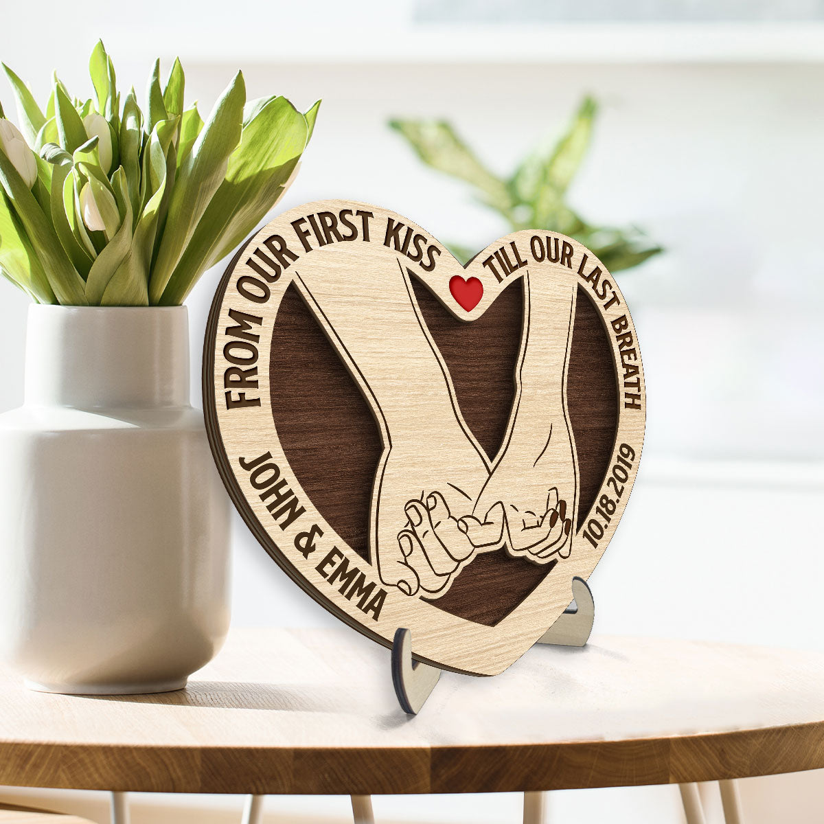 Couple Holding Hands From Our First Kiss Till Our Last Breath Personalized 2-Layer Wooden Plaque