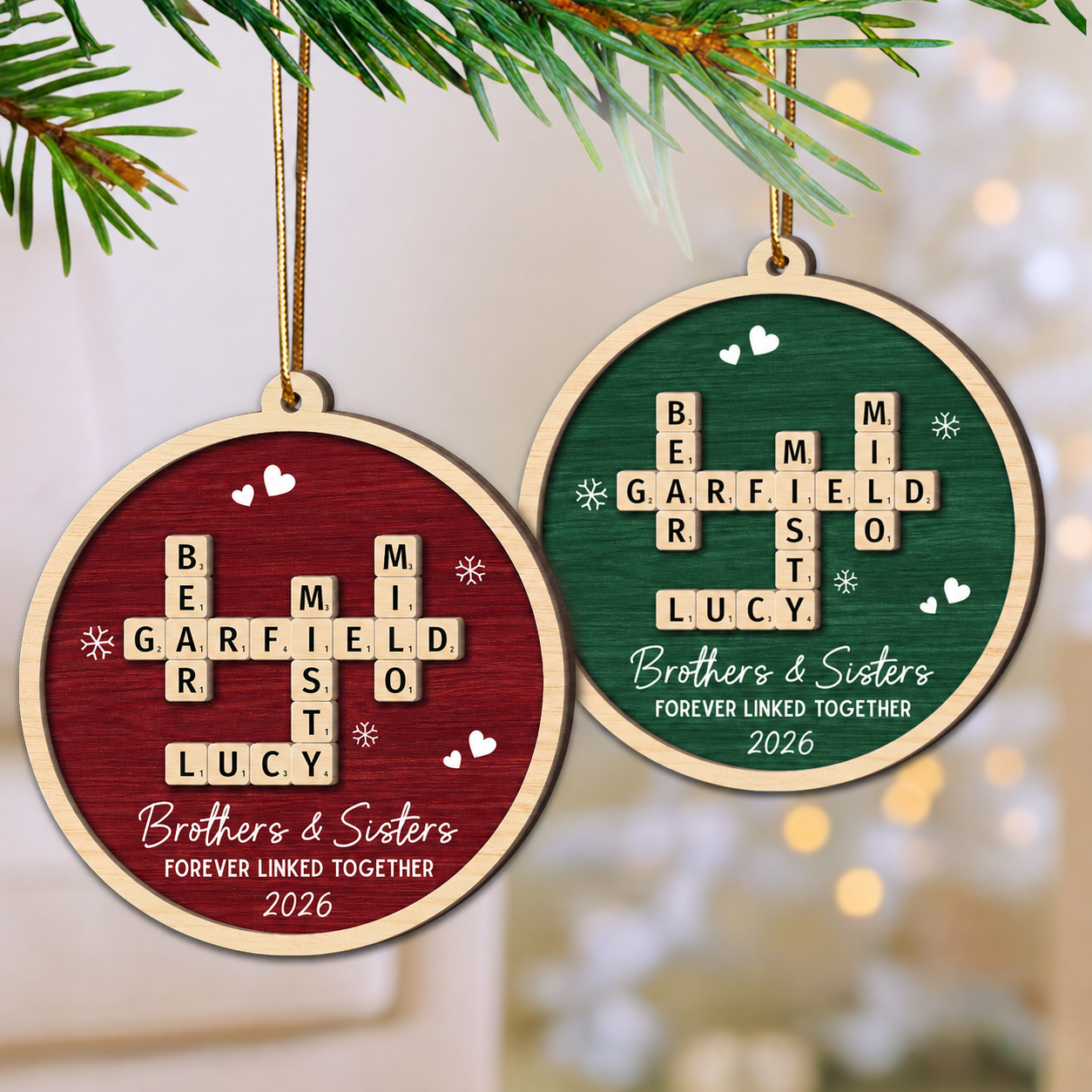 Siblings Forever Linked Together Crossword Puzzle Art - Personalized 2-Layer Wooden Ornament