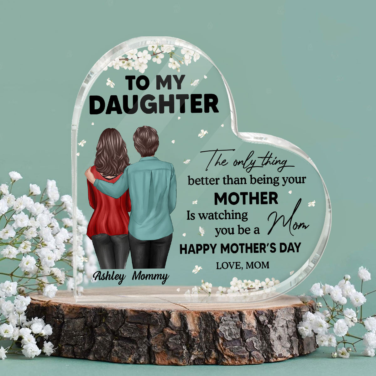 To My Daughter From Mom Happy Mother's Day Floral Personalized Heart Acrylic Block Plaque, Gift For Daughter