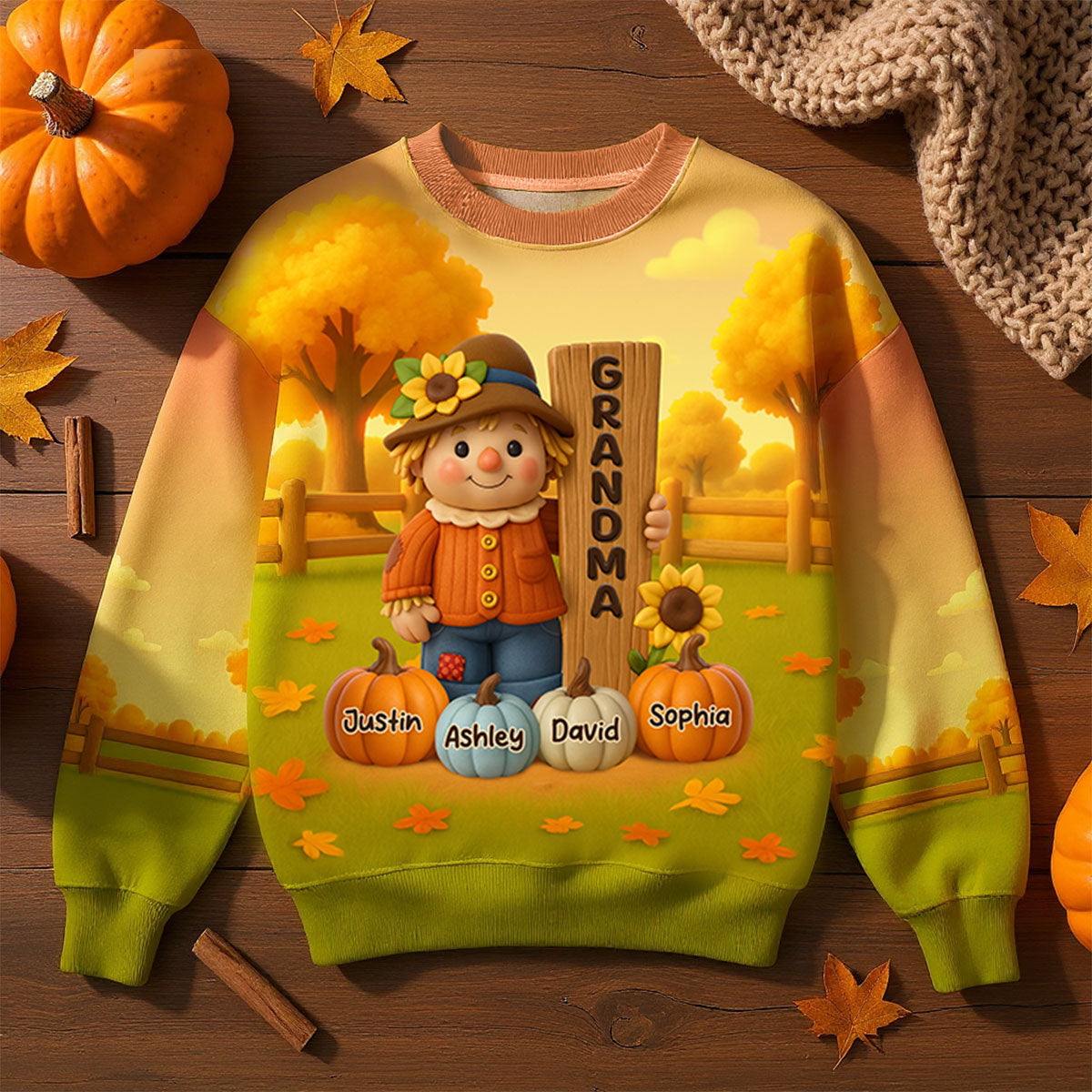 Grandma Scarecrow Standing Grandkids Pumpkins 3D Effect Personalized Sweatshirt