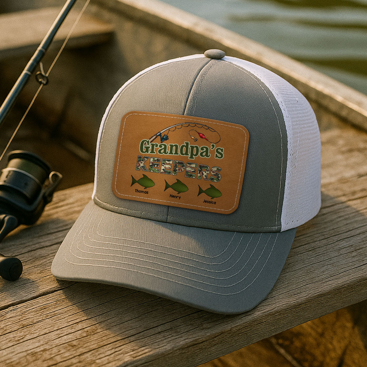 Grandpa‘s Keepers Fishing Camouflage Personalized Leather Patch Hat