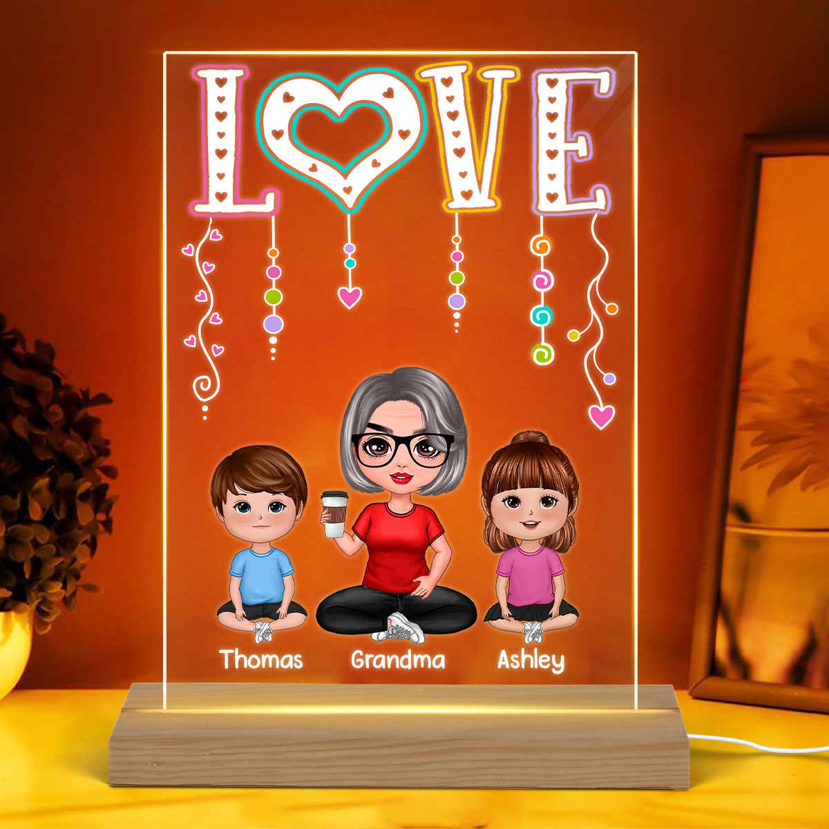 LOVE Doll Grandma Mom With Kids Sitting Personalized Rectangle Acrylic Plaque LED Night Light