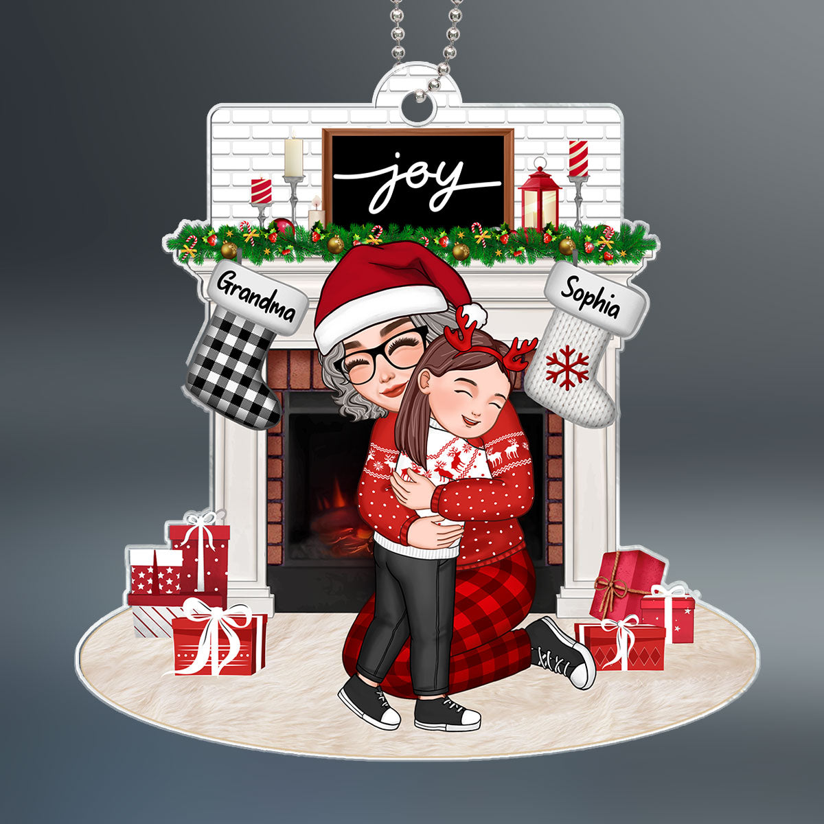 Grandma Grandkid Sitting By Fireplace Personalized Acrylic Ornament