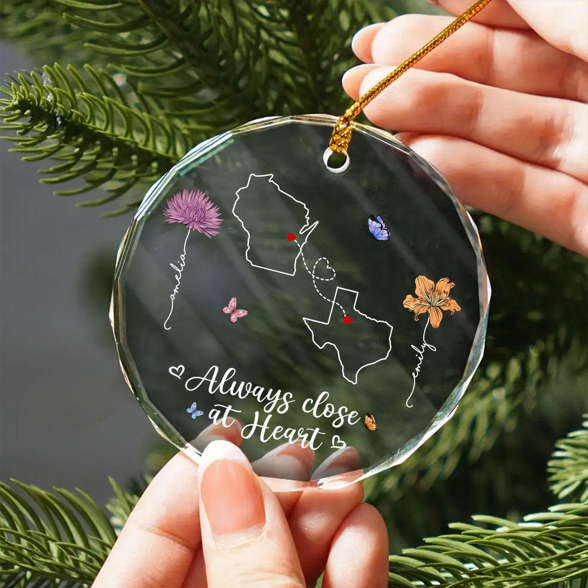 Birth Month Flowers Long Distance Besties Sisters Family Personalized Glass Ornament, Christmas Gift