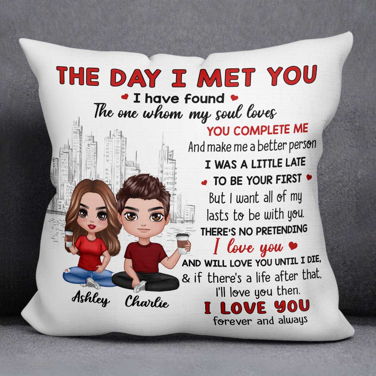 Doll Couple Sitting Skyline The Day I Met You Gift For Him For Her Personalized Pillow