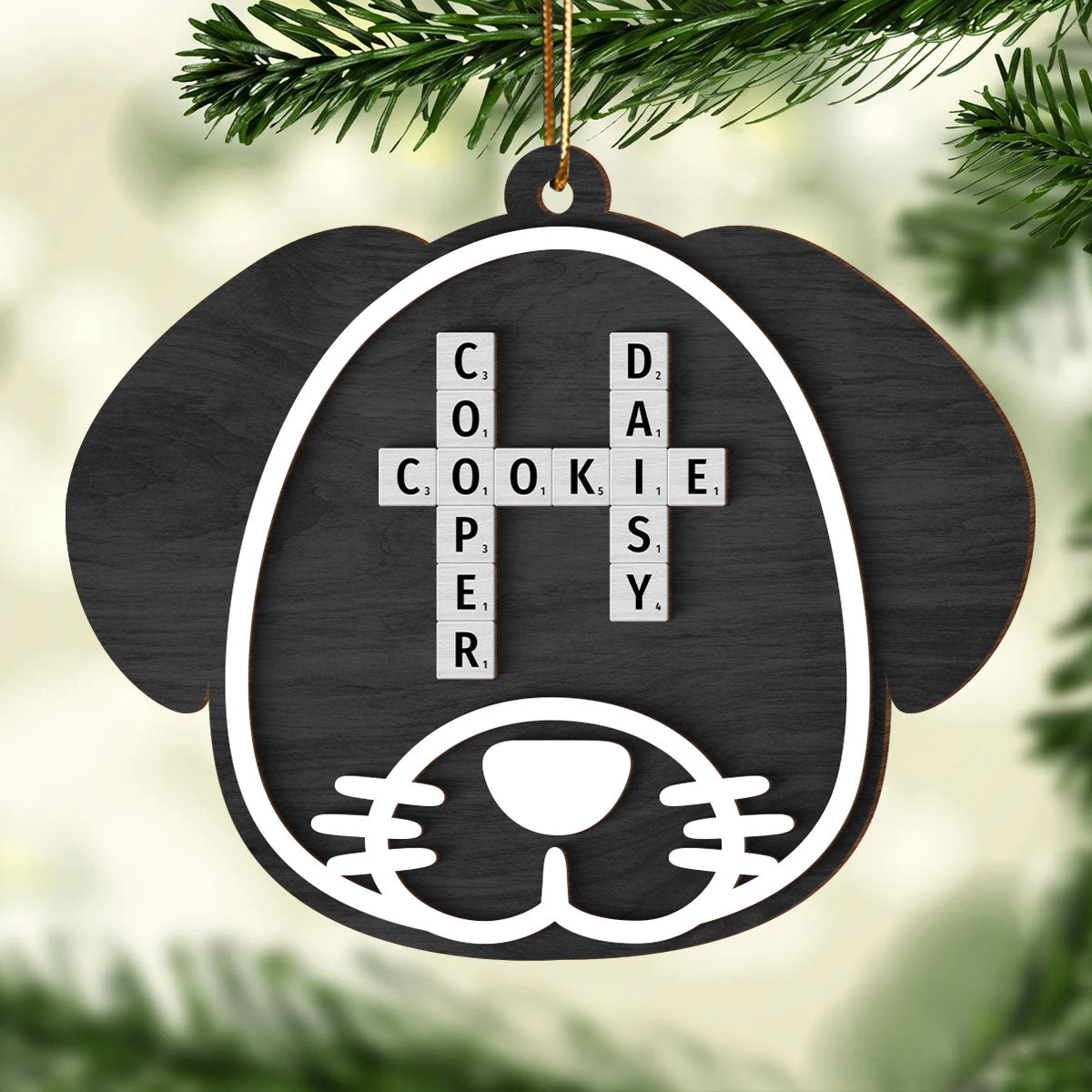Dog Face Crossword Names Personalized 2-Layer Wooden Ornament, Christmas Gift for Dog Lovers