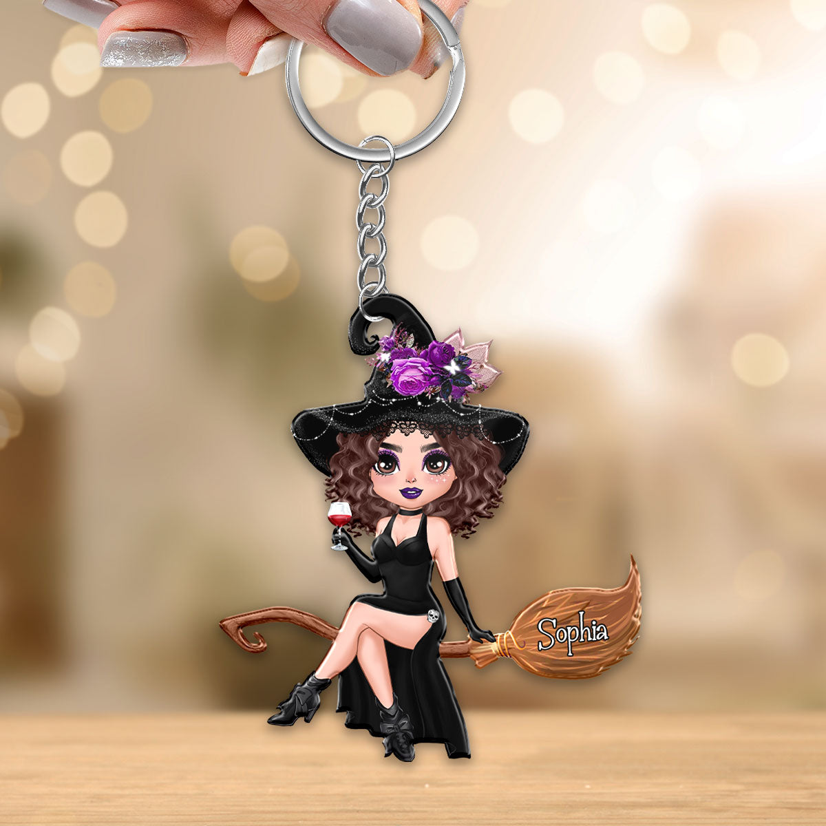 Custom Character Halloween Doll Witch On Broom Gift For Best Friend Gift For Mom Grandma Personalized Acrylic Keychain