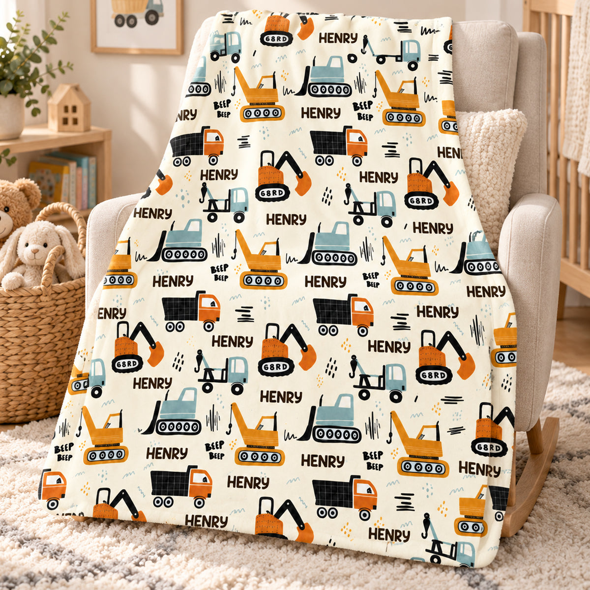 Construction Vehicle Custom Baby Name - Personalized Fleece Blanket - Nursery Construction Theme For Baby Boy