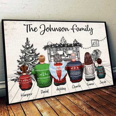 Sketch Background Christmas Family Back View Sitting Together At Fireplace Personalized Poster