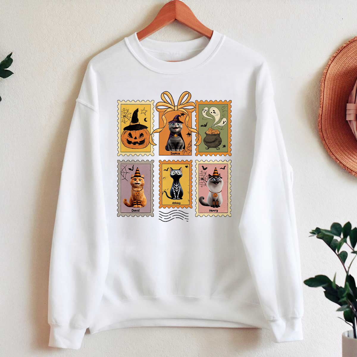 Cute Cats Retro Halloween Postage Stamp Sweatshirt – Cute & Spooky Fall Personalized Sweatshirt