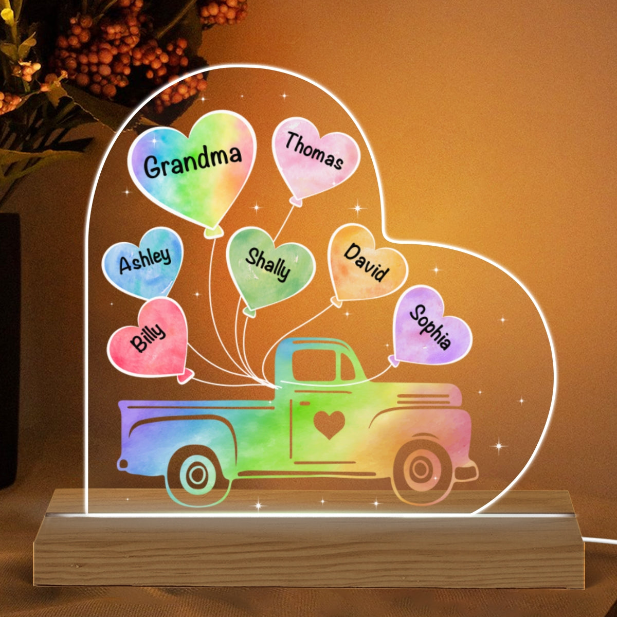 Mom Grandma Truck Watercolor Heart Balloon Personalized Custom Shape Acrylic LED Night Light