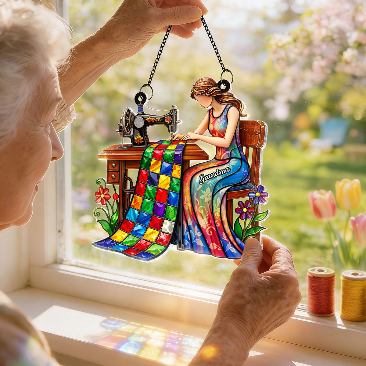 Mom Grandma Sewing Colorful Quilt - Personalized Acrylic Window Hanging - Gift For Mom, Grandma