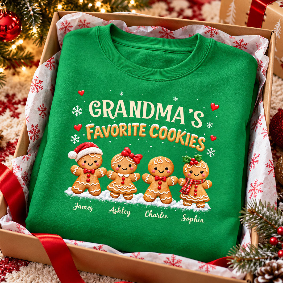 Grandma's Favorite Cookies - Personalized Shirt - Custom Grandkids Names Gingerbread, Cute Christmas Gift for Grandma, Nana, Mimi, Grammy & Gigi.
