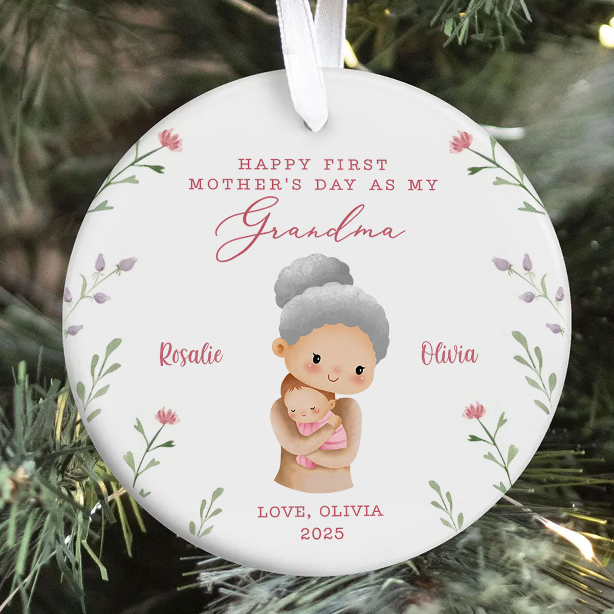 Watercolor Cute Mom Grandma Baby Happy First Mother's Day Personalized Circle Ceramic Ornament